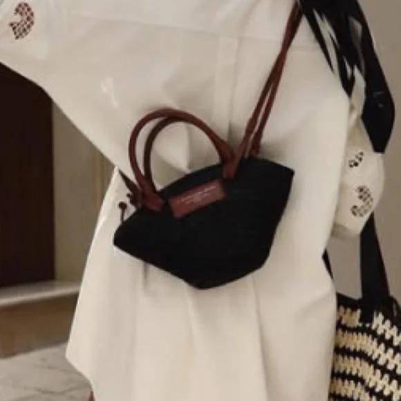 Sezane Mini Justine Basket Bag in Black with Brown Leather Trim - Picture 2 of 7